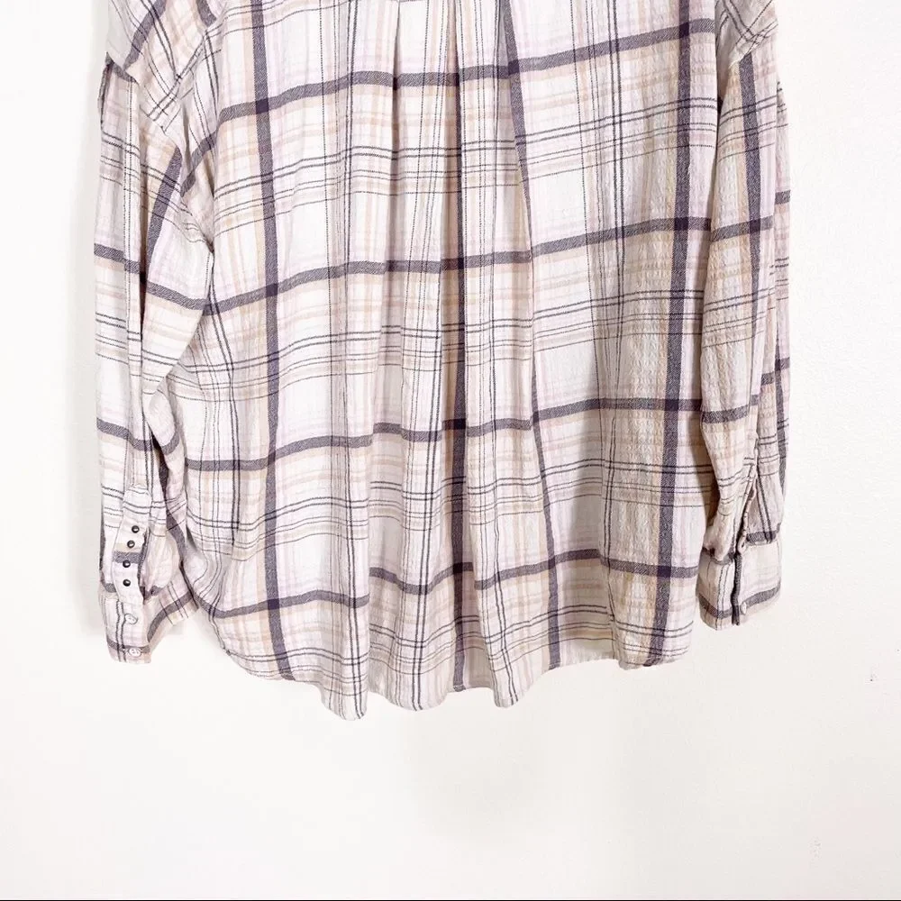 We The Free Free People White w/‎ Tan, Grey, & Pink Plaid Oversized Long Sleeve